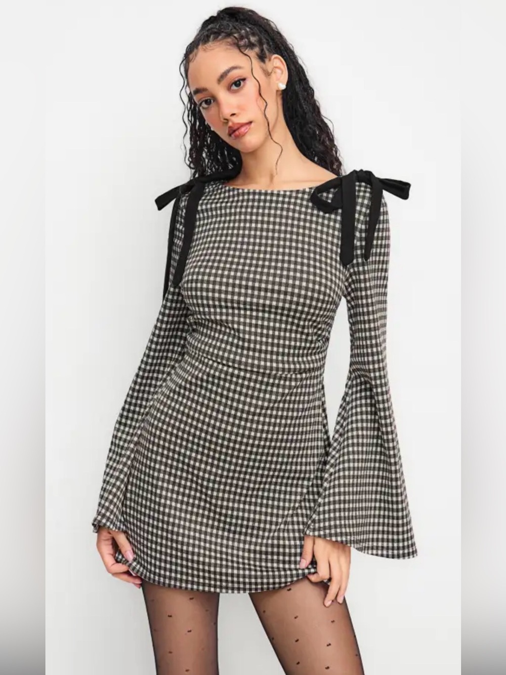 Cider *NEW with Tags* Brown Check Mini Dress w/Long Bell Sleeves. Size S